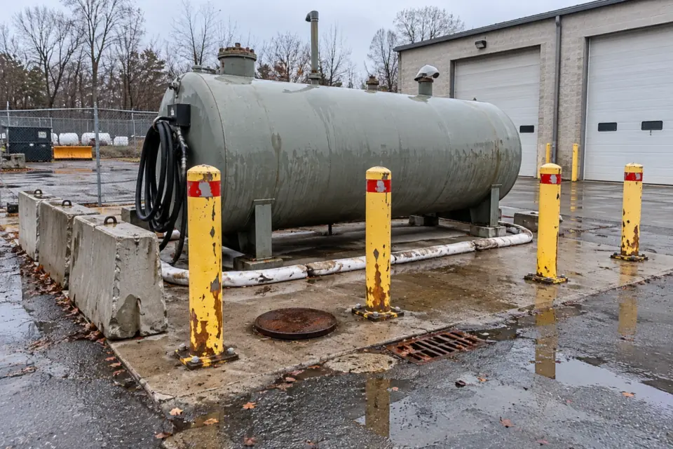 Horizontal steel fuel storage tank on a concrete pad behind yellow bollards in a public works yard