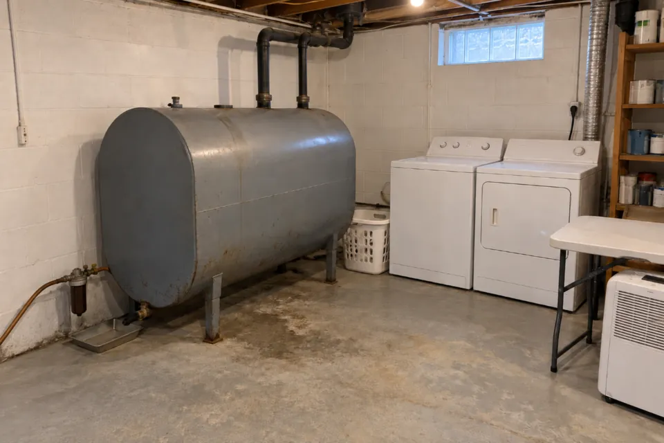 Gray heating oil tank on steel legs in the laundry corner of a tidy basement