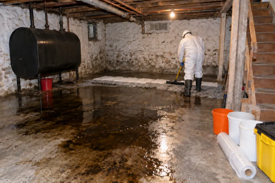 Worker in protective coveralls cleaning up a heating oil spill on a basement floor with a squeegee and absorbent pads