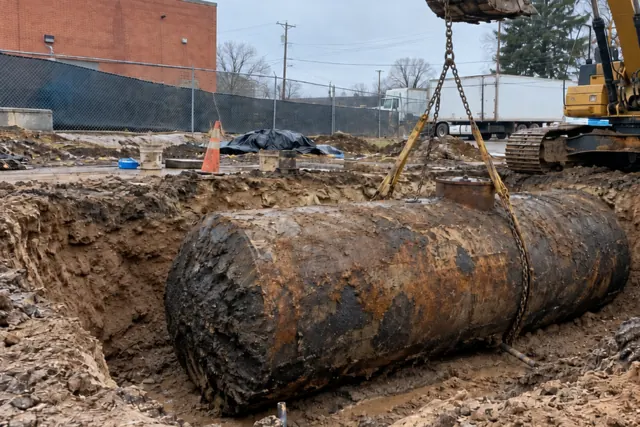 Excavator lifting a rusted underground storage tank out of a muddy pit behind a brick commercial building