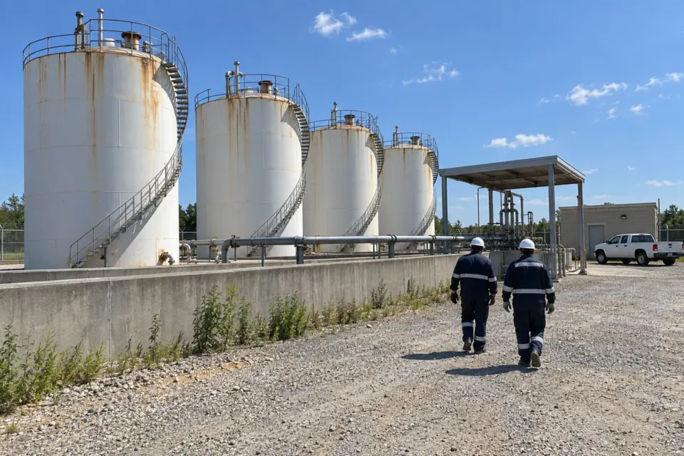 Two workers in flame-resistant coveralls walking past vertical steel fuel storage tanks inside a concrete dike at a bulk fuel plant