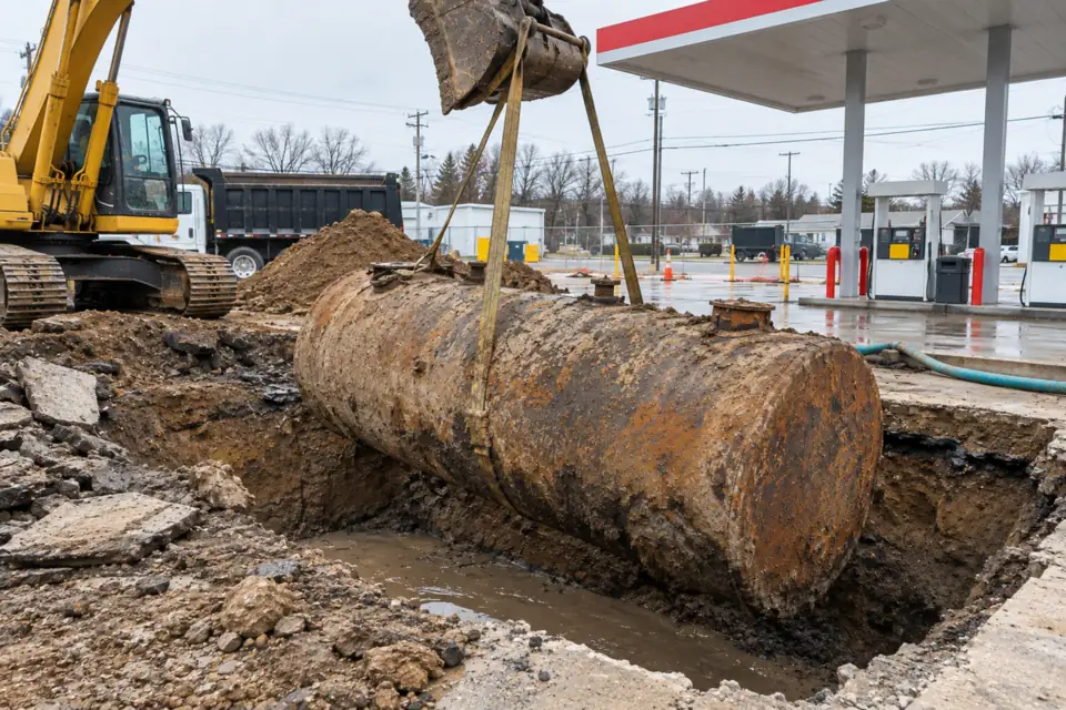 Excavator lifting a rusty underground fuel tank out of a flooded pit at a gas station