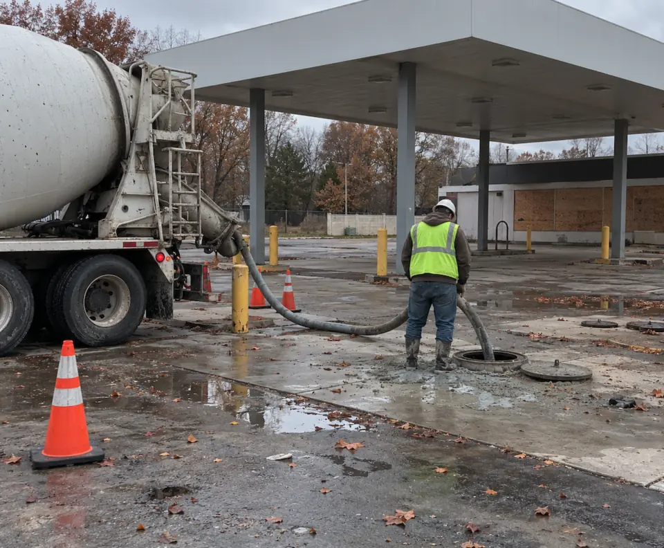 Concrete mixer truck pumping flowable fill through a hose into an open tank riser at a closed gas station