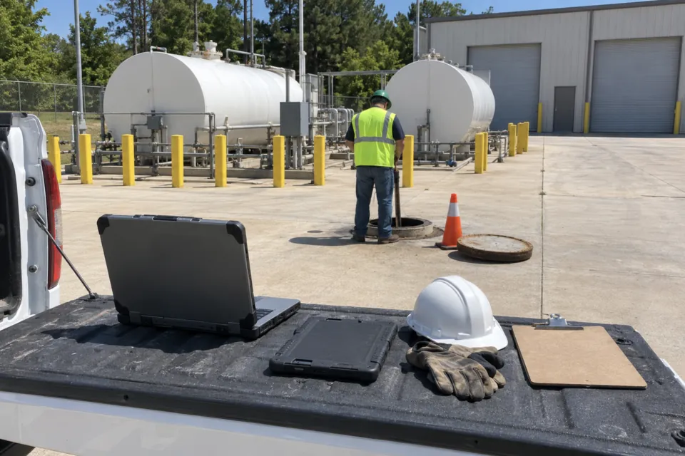 Rugged laptop and tablet on a pickup tailgate beside an open tank riser during a compliance check at a fuel facility