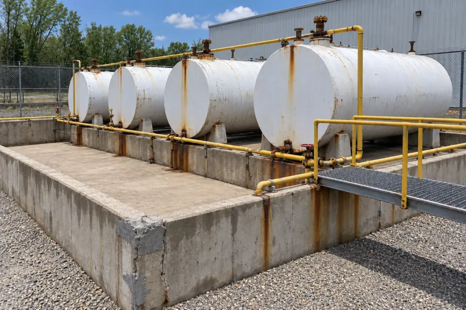 Row of white aboveground storage tanks inside a concrete containment dike with yellow piping and a steel walkway