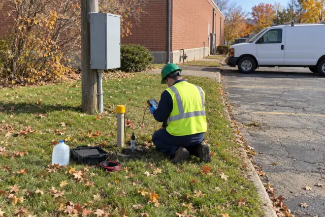 Corrosion technician taking a cathodic protection reading with a reference electrode at a test station beside a commercial lot