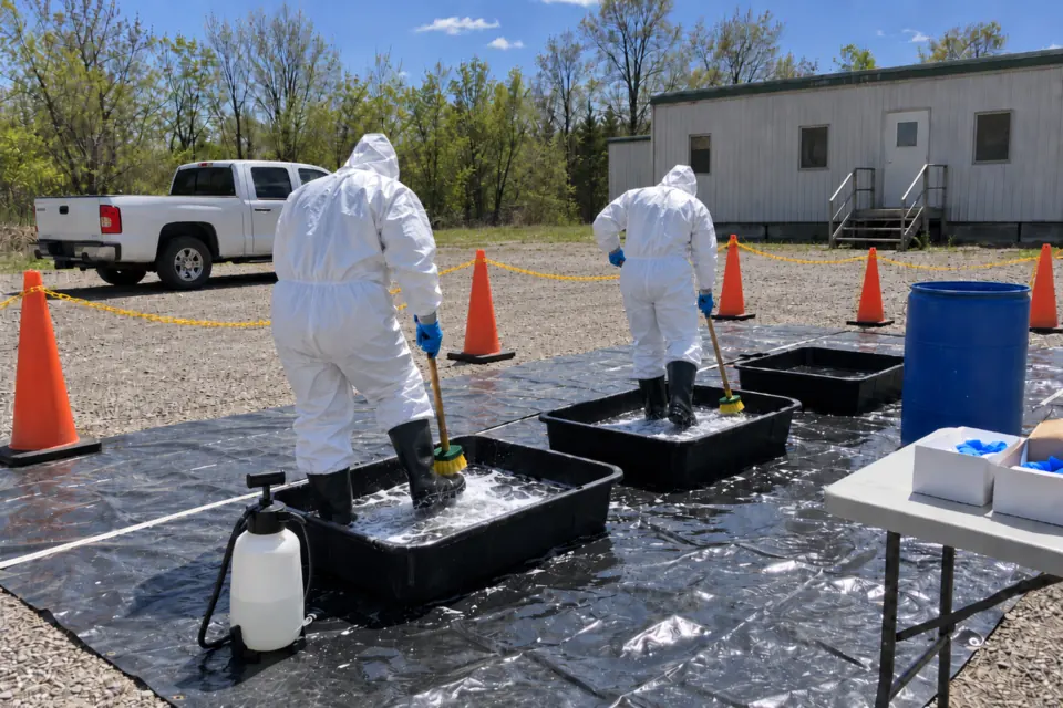 Two workers in white protective suits scrubbing their boots in wash tubs at a decontamination line