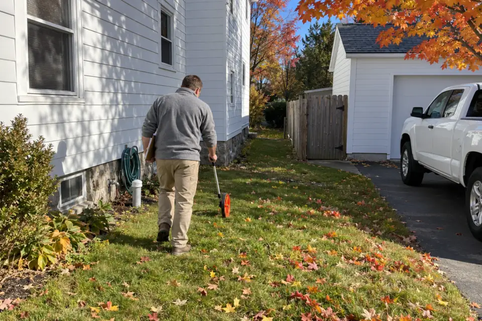Contractor rolling a measuring wheel across a side yard toward an old oil tank fill pipe during an estimate visit