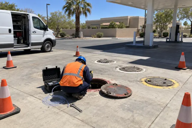Technician checking an open tank riser on a sunny gas station tank pad during an inspection