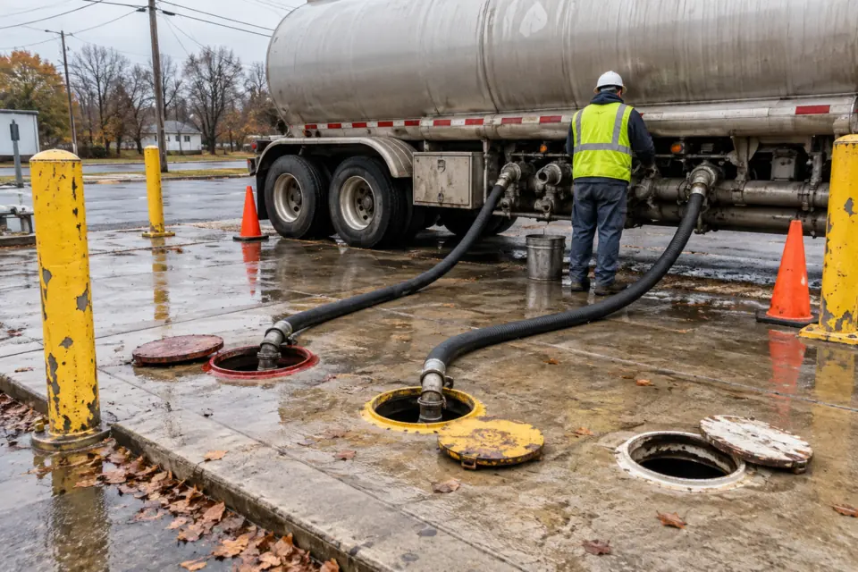 Fuel tank trailer unloading into underground tanks at a gas station, with delivery hoses running to open fill risers in a wet concrete tank pad