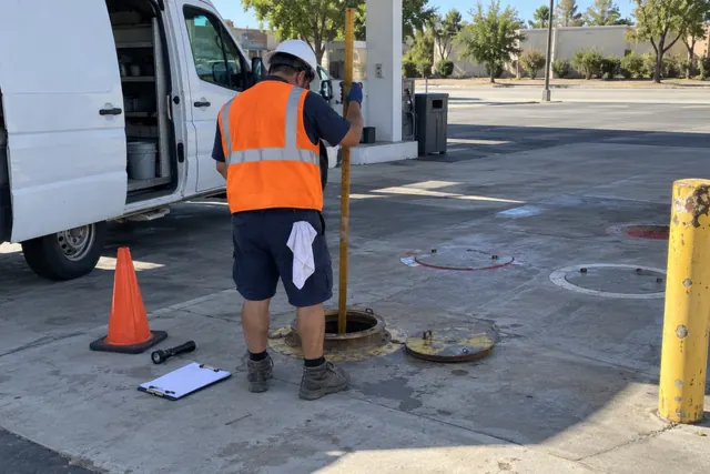Technician measuring fuel in an underground tank with a wooden gauge stick at a sunny gas station