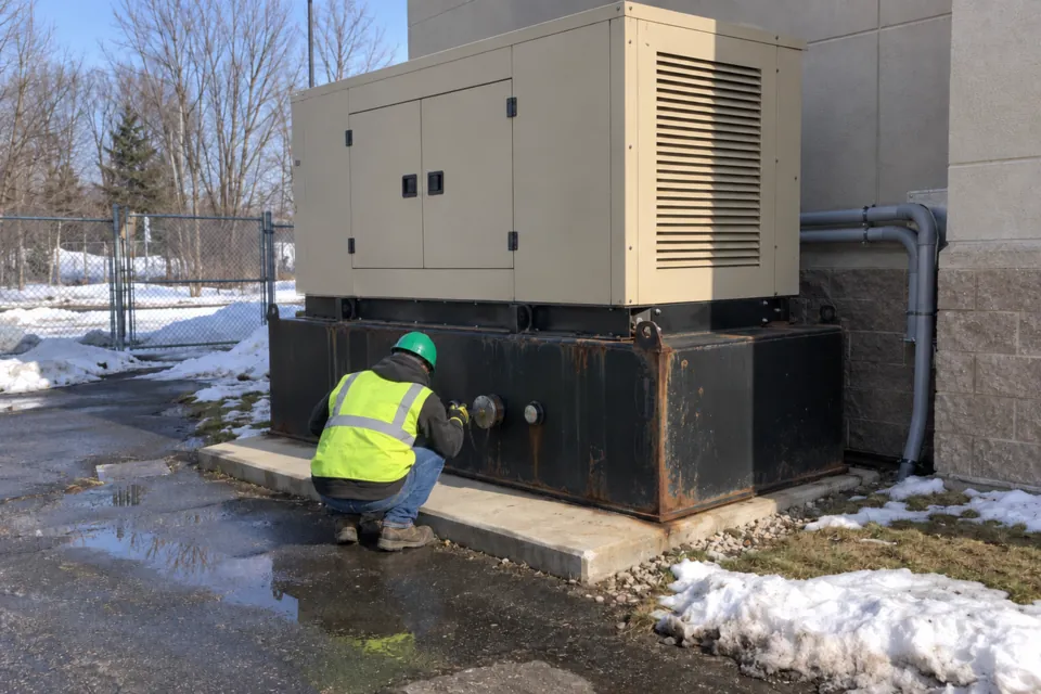 Technician checking the fill cap of a standby generator's steel sub-base fuel tank on a clear winter day