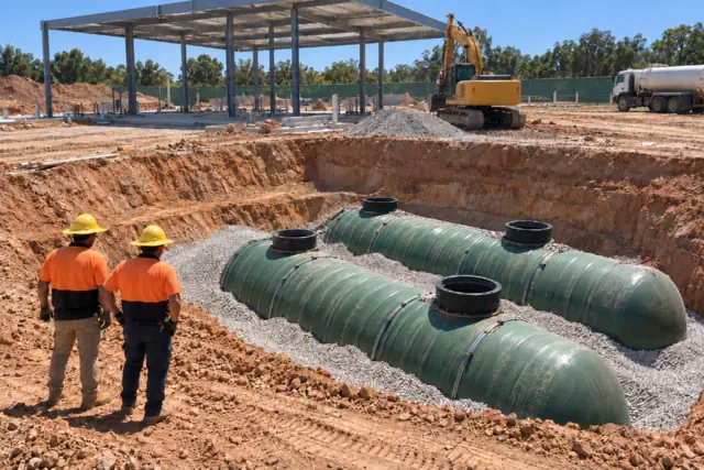 New green fiberglass underground tanks set in a wide pea gravel pit at a gas station build on a sunny day