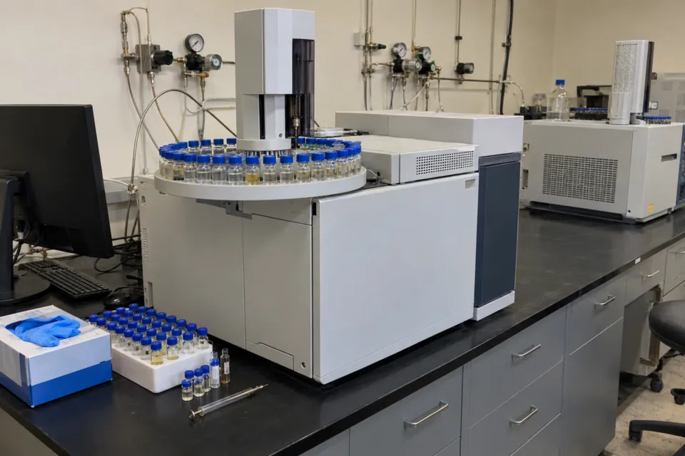 Gas chromatograph with a tray of small sample vials in an environmental testing lab