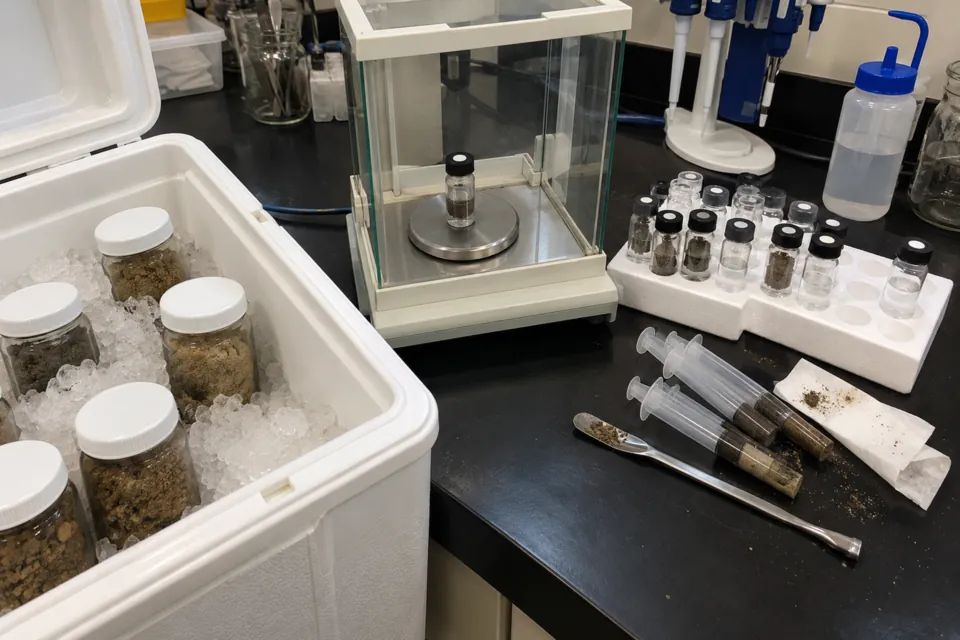 Soil samples in small glass vials being weighed on a lab balance for volatile organic testing