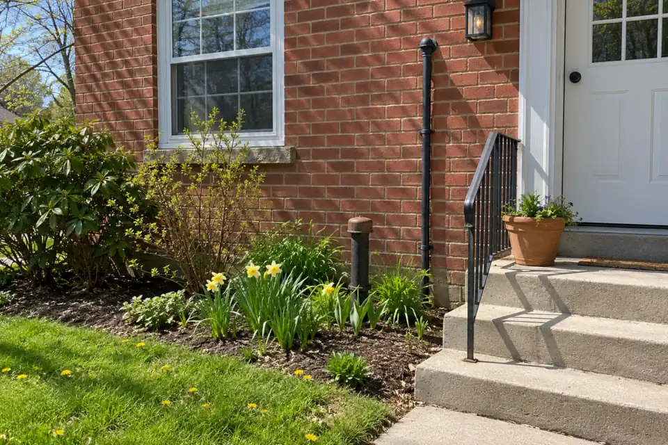 Old capped oil tank fill pipe and vent pipe beside the front steps of a brick house on a sunny spring day