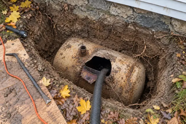 Top of a buried heating oil tank with a cut opening and a suction hose running inside, seen from above in a hole beside a house