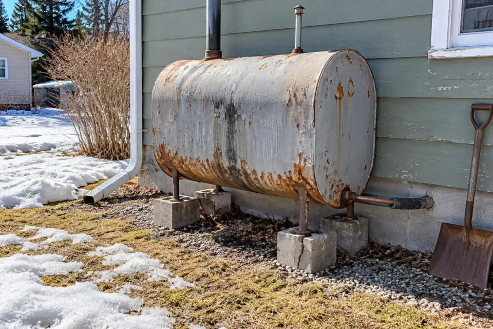 Old rusty heating oil tank on concrete blocks beside a house, with patches of snow on the lawn