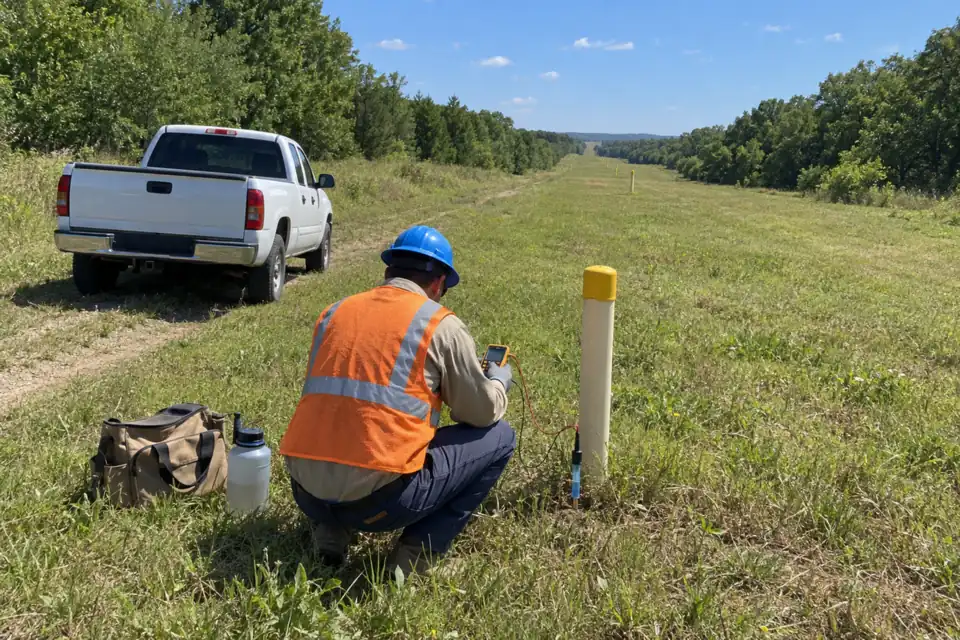 Pipeline technician taking a cathodic protection reading at a test post along a mowed pipeline right-of-way