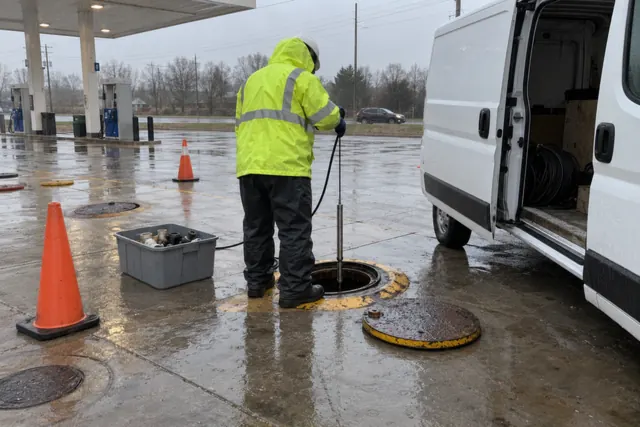 Technician in rain gear lowering a tank level probe into an open riser on a wet gas station tank pad
