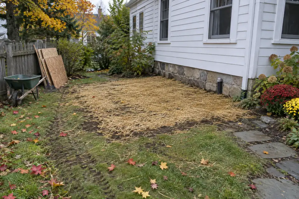 Backfilled patch of lawn covered with seed and straw beside a house after an oil tank removal