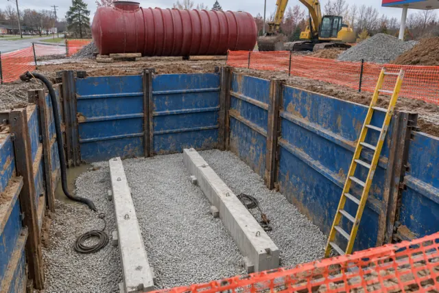 Shored tank pit with a pea gravel bed and concrete anchor beams, ready for a new fiberglass tank