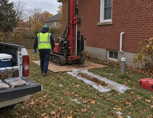 Technician in a yellow vest walking to a small tracked drill rig beside a brick house, with a soil core on plastic sheeting and sample jars on a pickup tailgate
