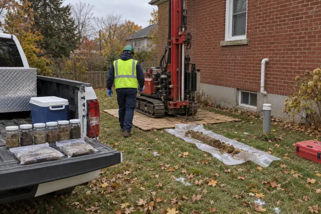Technician walking to a small tracked drill rig taking soil samples beside a brick house, with sample jars on a pickup tailgate