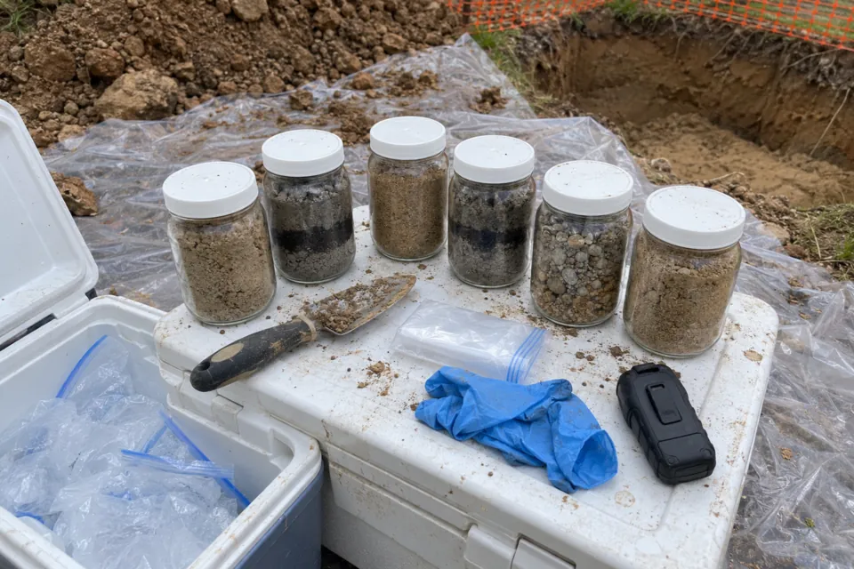 Glass soil sample jars on a cooler lid beside a tank excavation