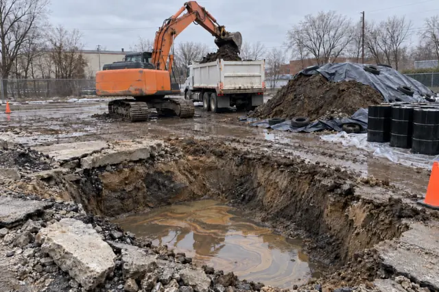 Orange excavator loading petroleum-stained soil into a dump truck at a tank removal site, next to a stockpile covered in black plastic