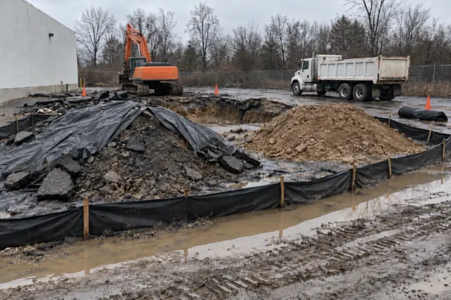 Separate stockpiles of dark contaminated soil and clean brown soil on plastic sheeting inside a silt fence at a tank removal site