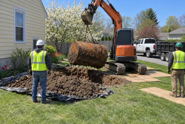 Compact excavator and crew removing a buried oil tank beside a suburban house on a sunny spring day