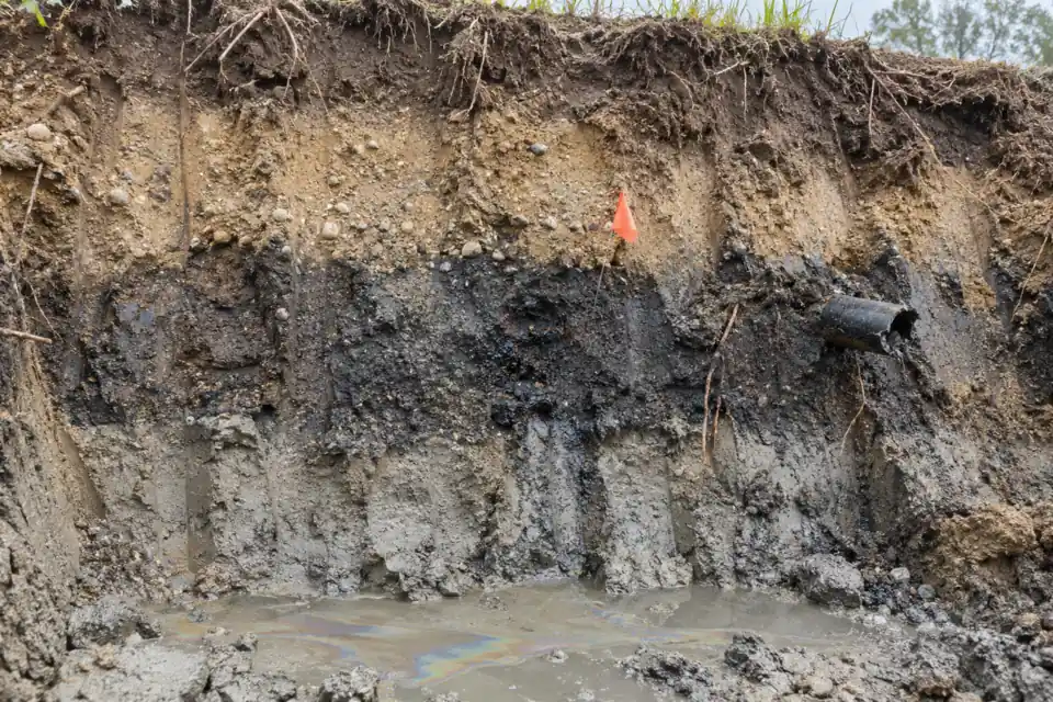 Close-up of an excavation wall where a dark grey band of fuel-stained soil runs through clean brown soil
