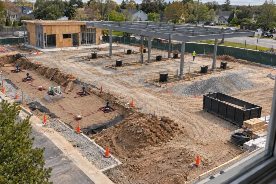 Gas station under construction seen from above, with a new canopy frame, sump risers and piping trenches