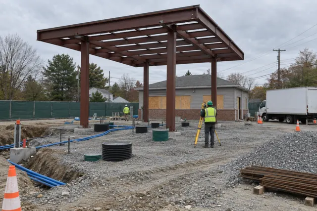 Gas station under construction with a bare steel canopy frame over a gravel forecourt, round sump risers and blue flexible fuel piping