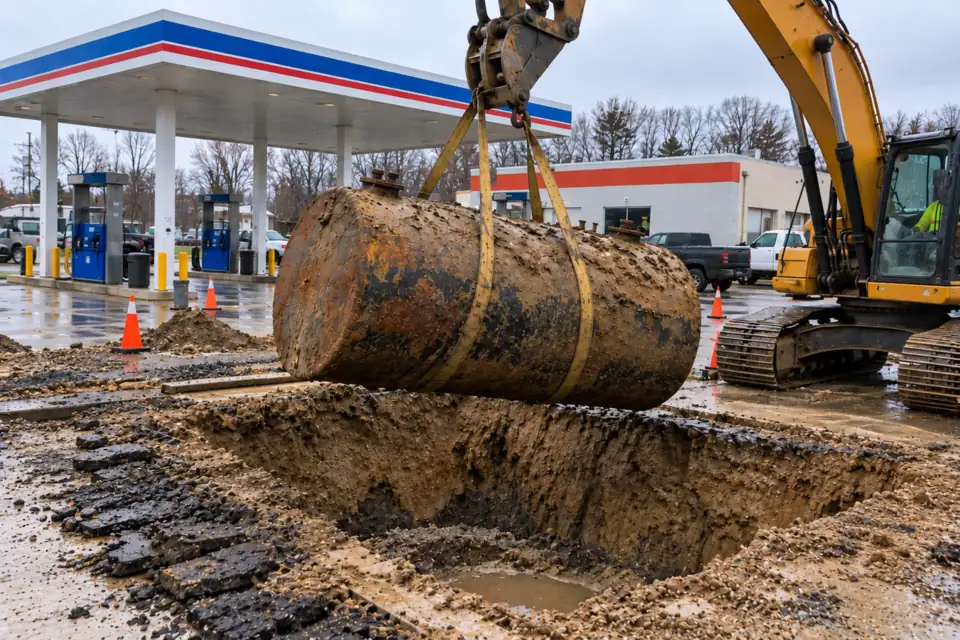 Excavator lifting a rusty underground storage tank out of an excavation at a gas station