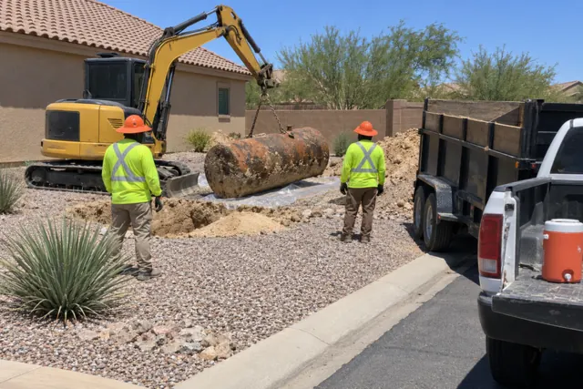 Crew lifting a rusty oil tank out of the yard of a stucco house on a sunny summer day
