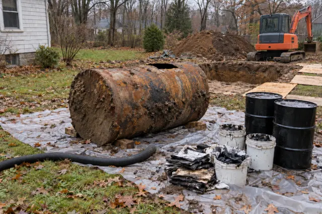 Old steel heating oil tank lying on plastic sheeting in a backyard after removal, with a vacuum hose in the cut opening and drums of sludge beside it