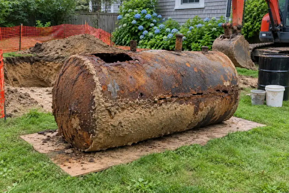 Rusty heating oil tank lifted out of a backyard and laid on plywood beside the open hole