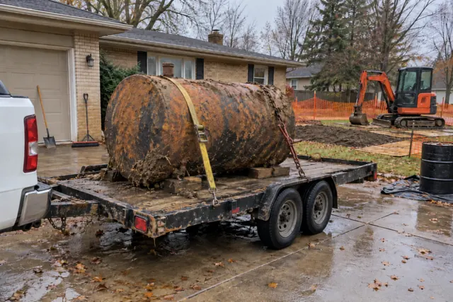 Rusty heating oil tank strapped onto a small trailer in a driveway after being dug up