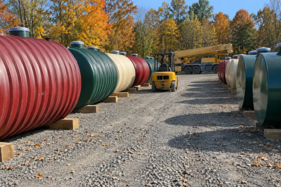 Rows of new fiberglass and steel storage tanks waiting on timbers at a manufacturer's storage yard