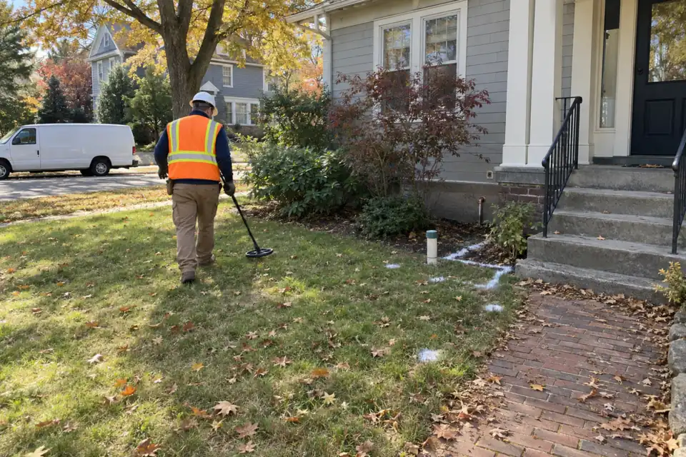 Technician sweeping a front lawn with a metal detector to locate a buried heating oil tank near an old fill pipe