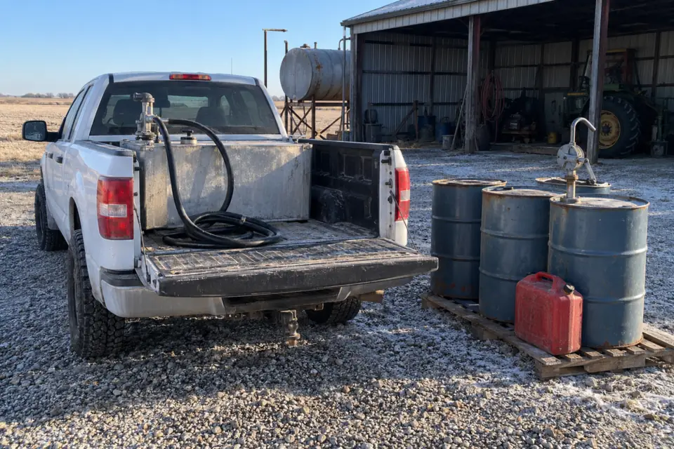 Diesel transfer tank in a pickup bed and steel drums on a pallet beside a farm machine shed