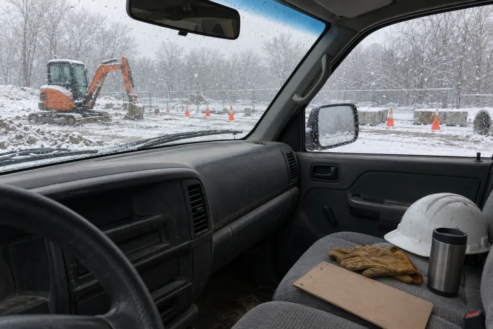 White hard hat, gloves and a clipboard on the seat of a work truck, with a snowy job site seen through the windshield