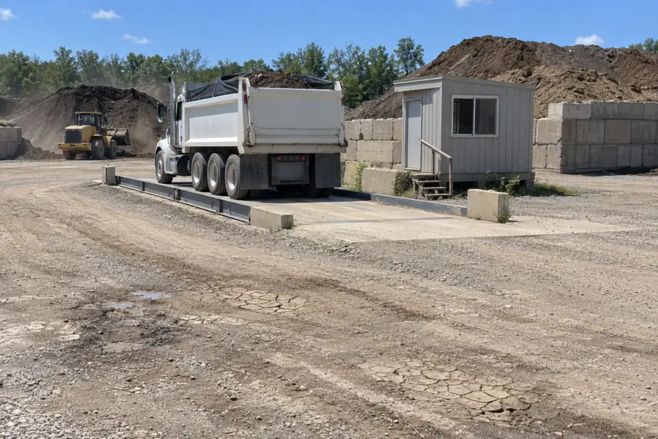 Loaded dump truck stopped on a truck scale at a soil disposal facility