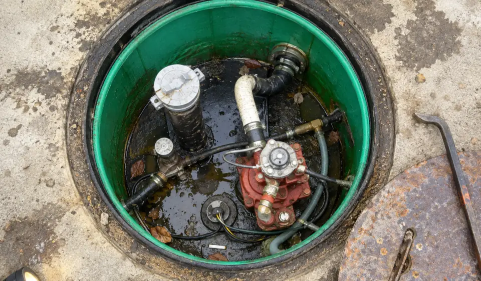 Looking down into an open turbine sump on an underground fuel tank during an inspection, with pump fittings and a little water inside