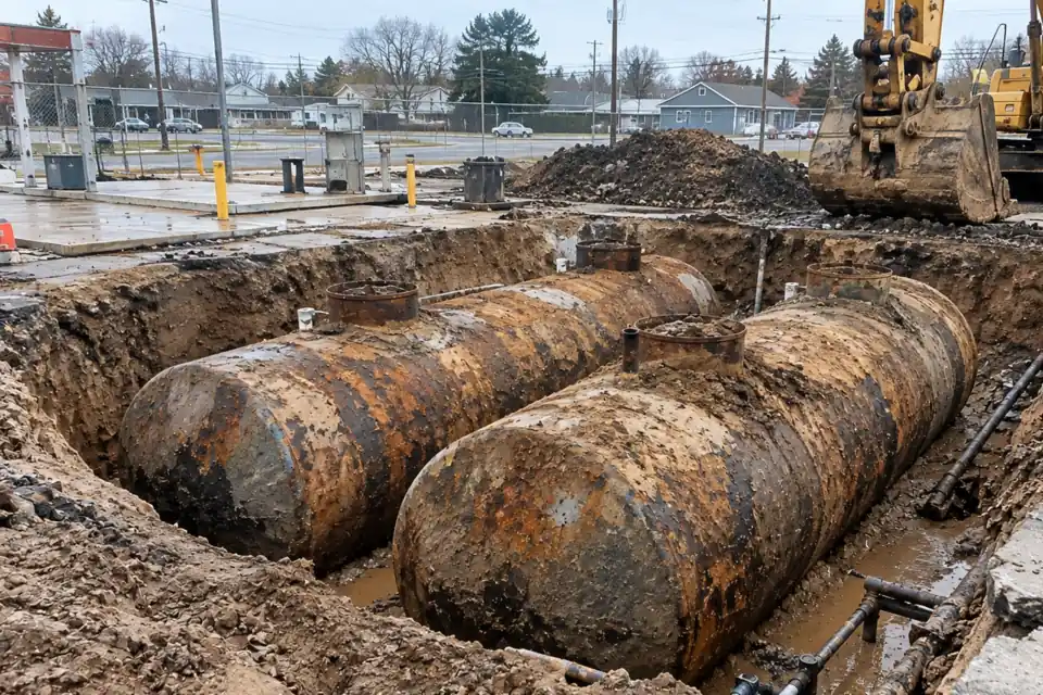 Two rusty underground storage tanks exposed side by side in an excavation at a fuel station