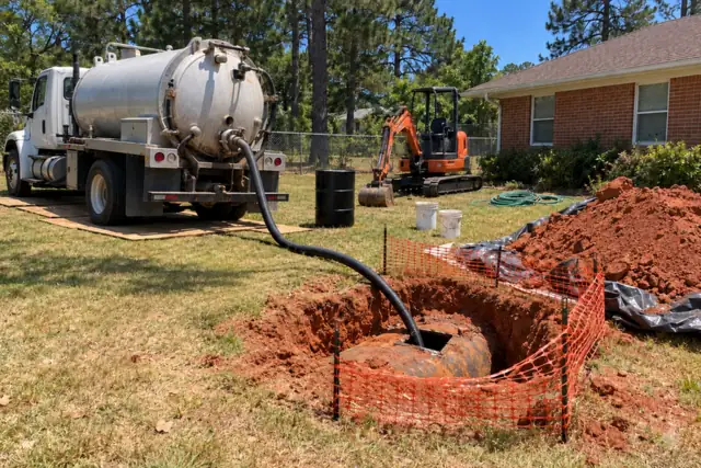 Vacuum truck pumping out a buried oil tank through a small hole in red clay behind a brick ranch house